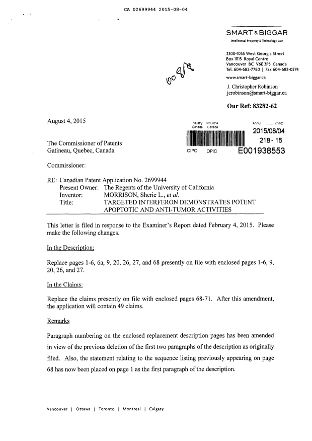 Document de brevet canadien 2699944. Poursuite-Amendment 20141204. Image 1 de 36