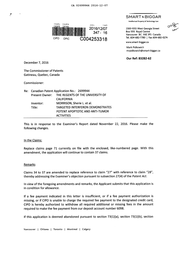 Document de brevet canadien 2699944. Poursuite-Amendment 20151207. Image 1 de 3