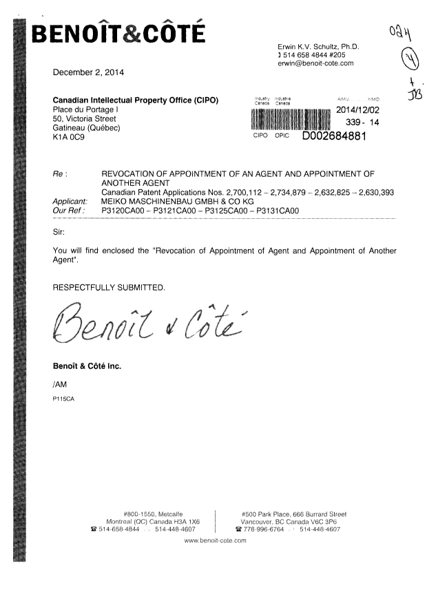 Document de brevet canadien 2700112. Correspondance 20131202. Image 1 de 3