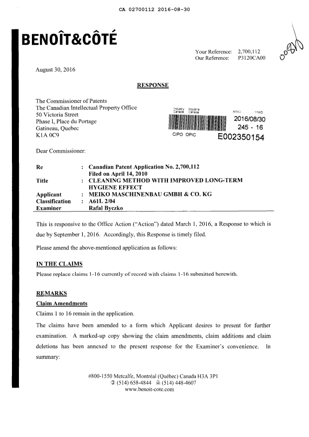 Document de brevet canadien 2700112. Poursuite-Amendment 20151230. Image 1 de 15