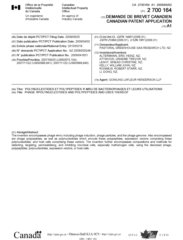 Document de brevet canadien 2700164. Page couverture 20091231. Image 1 de 2