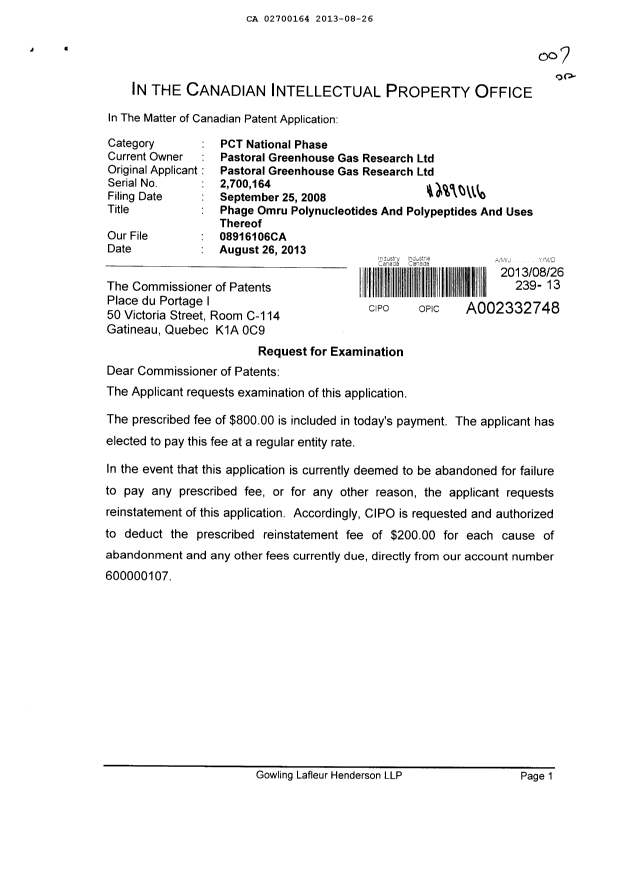 Document de brevet canadien 2700164. Poursuite-Amendment 20121226. Image 1 de 2