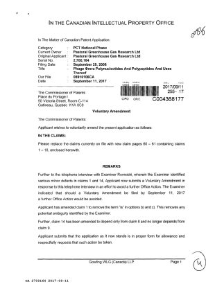 Canadian Patent Document 2700164. Amendment 20170911. Image 1 of 4