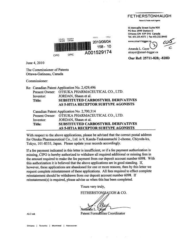 Document de brevet canadien 2700314. Correspondance 20100604. Image 1 de 1