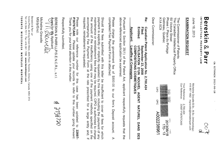 Canadian Patent Document 2700424. Prosecution-Amendment 20121218. Image 1 of 1