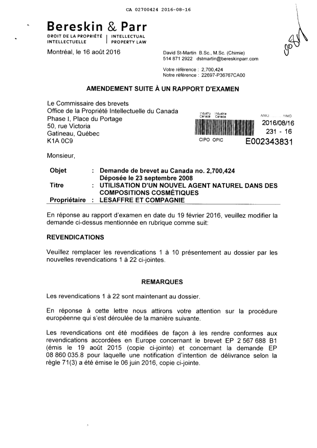 Document de brevet canadien 2700424. Poursuite-Amendment 20151216. Image 1 de 5