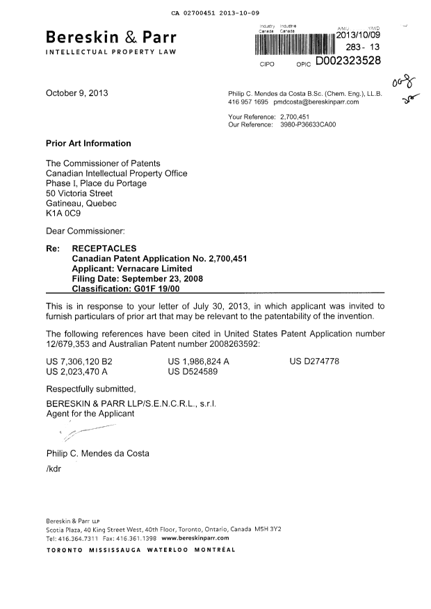 Document de brevet canadien 2700451. Poursuite-Amendment 20121209. Image 1 de 1