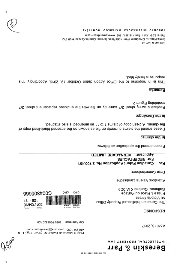 Document de brevet canadien 2700451. Poursuite-Amendment 20161218. Image 1 de 7