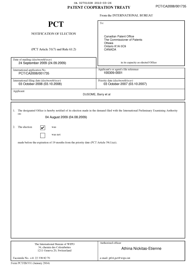 Document de brevet canadien 2701028. PCT 20091226. Image 1 de 19
