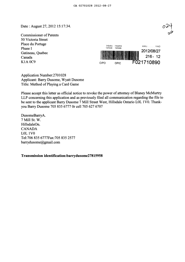 Document de brevet canadien 2701028. Correspondance 20111227. Image 1 de 1
