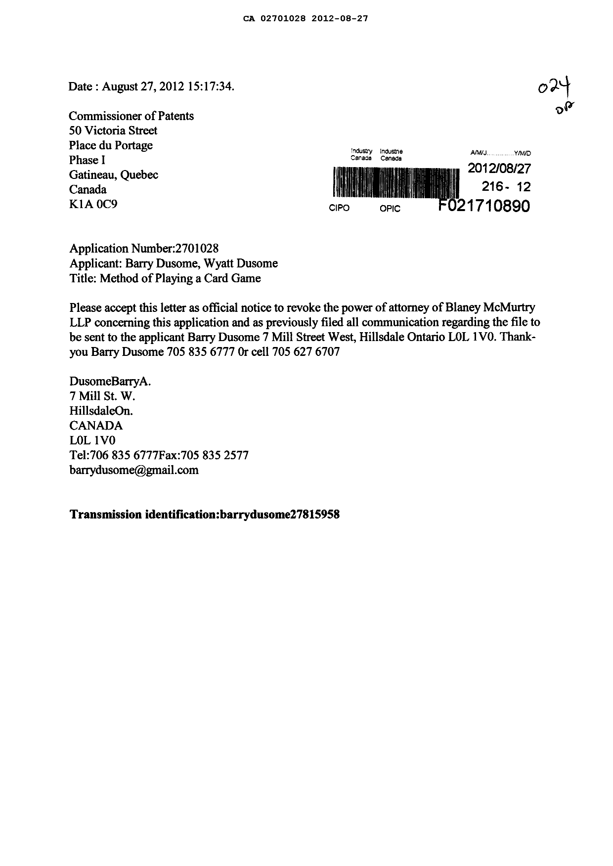 Document de brevet canadien 2701028. Correspondance 20111227. Image 1 de 1