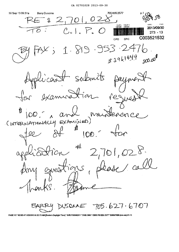 Document de brevet canadien 2701028. Taxes 20121230. Image 1 de 1