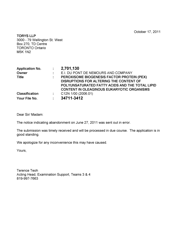 Document de brevet canadien 2701130. Poursuite-Amendment 20101217. Image 1 de 1
