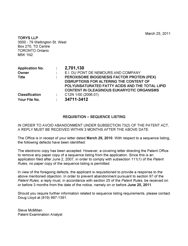 Document de brevet canadien 2701130. Correspondance 20101225. Image 1 de 1