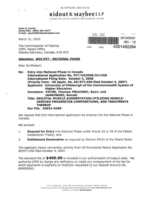 Document de brevet canadien 2701354. Cession 20100331. Image 1 de 5