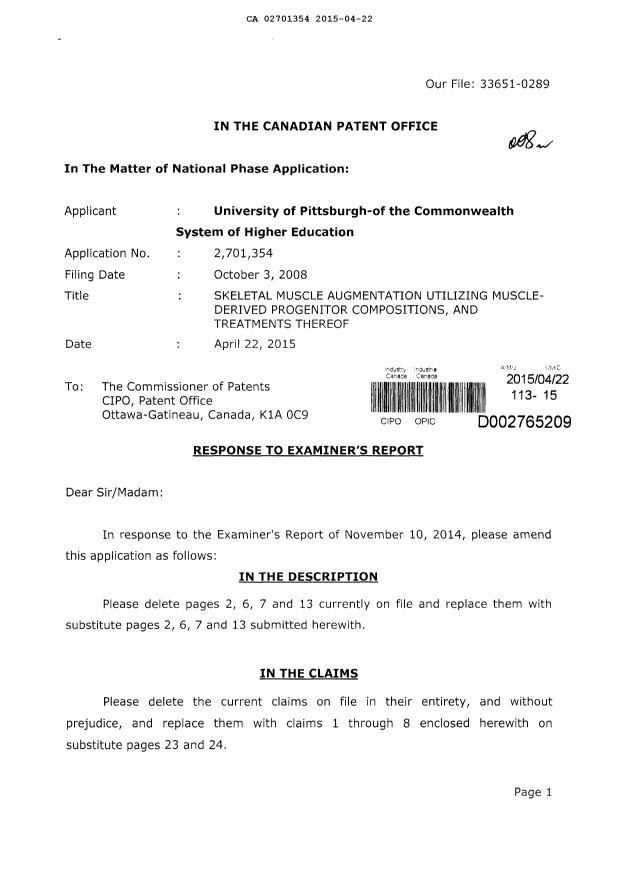 Document de brevet canadien 2701354. Poursuite-Amendment 20150422. Image 1 de 15