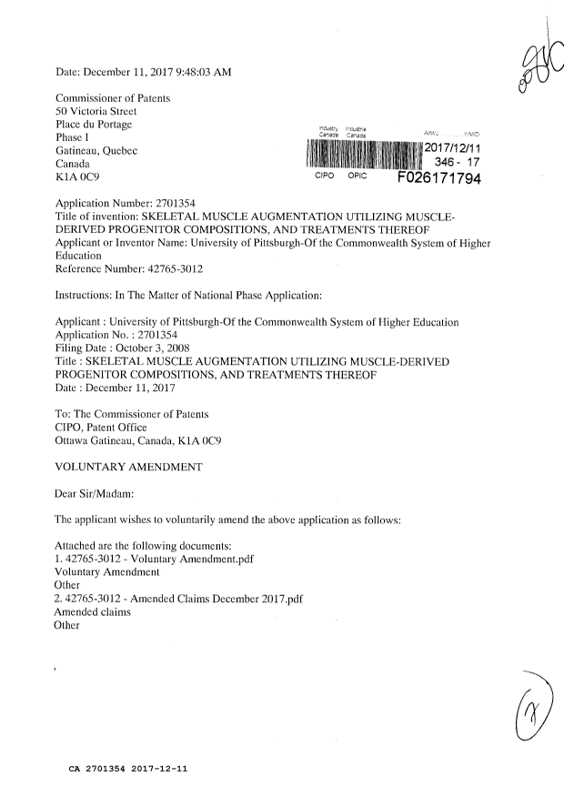 Document de brevet canadien 2701354. Modification 20171211. Image 1 de 7
