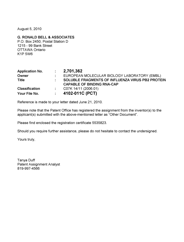 Document de brevet canadien 2701362. Correspondance 20091205. Image 1 de 1