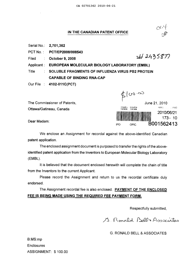 Document de brevet canadien 2701362. Cession 20100621. Image 1 de 6