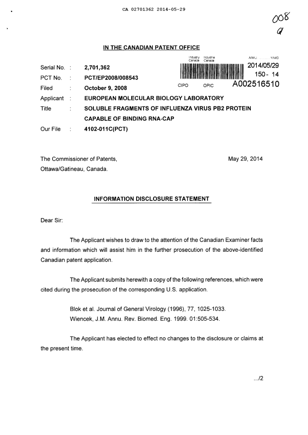 Document de brevet canadien 2701362. Poursuite-Amendment 20140529. Image 1 de 2