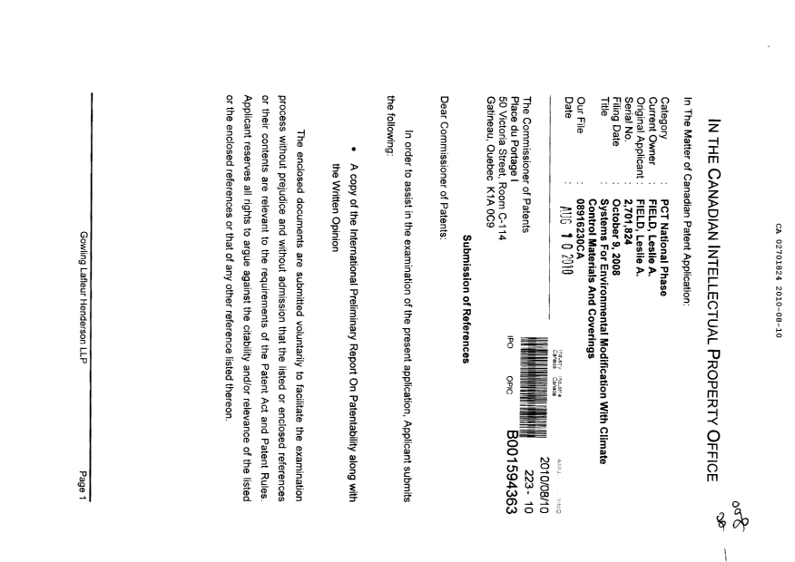Document de brevet canadien 2701824. Poursuite-Amendment 20100810. Image 1 de 2