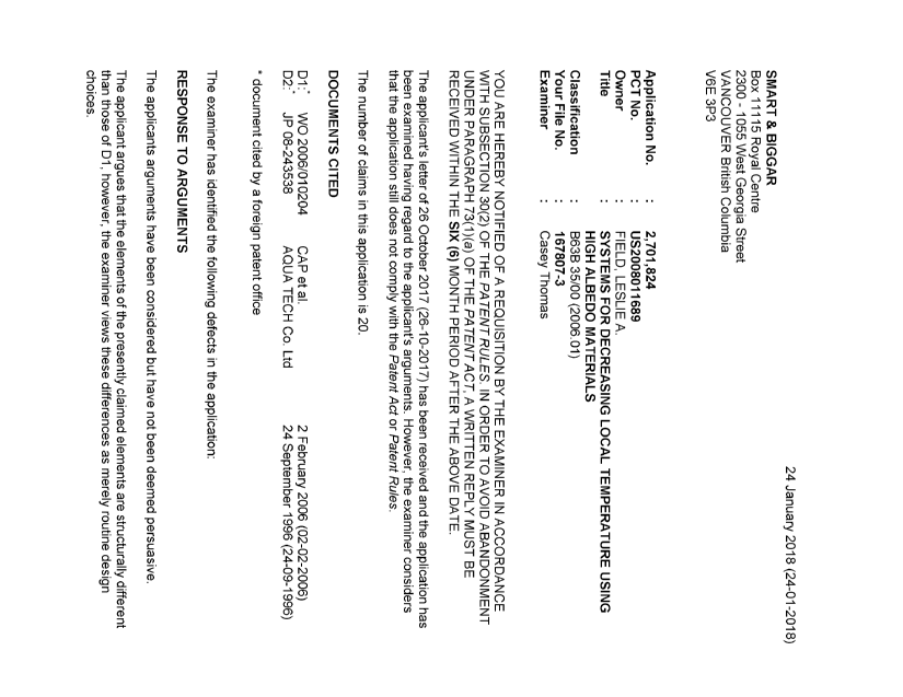 Document de brevet canadien 2701824. Demande d'examen 20180124. Image 1 de 6