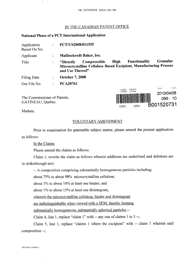 Canadian Patent Document 2702055. Prosecution-Amendment 20091208. Image 1 of 8