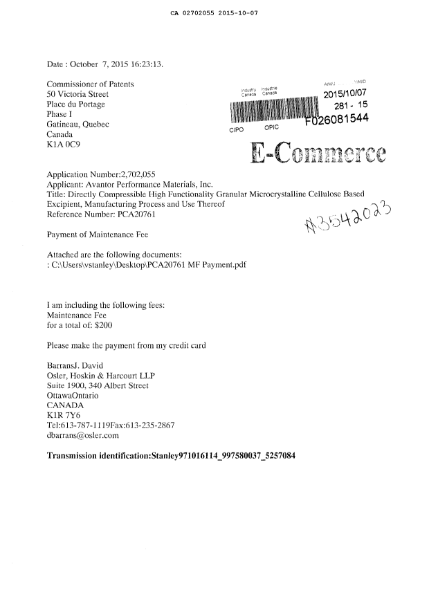 Document de brevet canadien 2702055. Taxes 20141207. Image 1 de 2