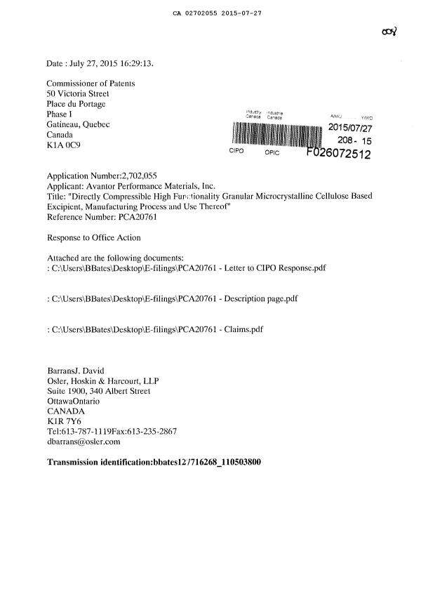 Document de brevet canadien 2702055. Poursuite-Amendment 20141227. Image 1 de 13