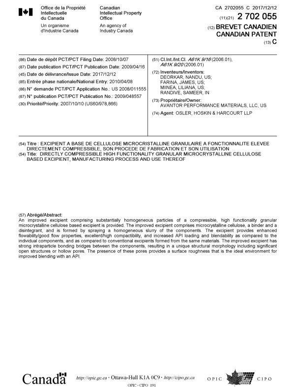 Document de brevet canadien 2702055. Page couverture 20171116. Image 1 de 1