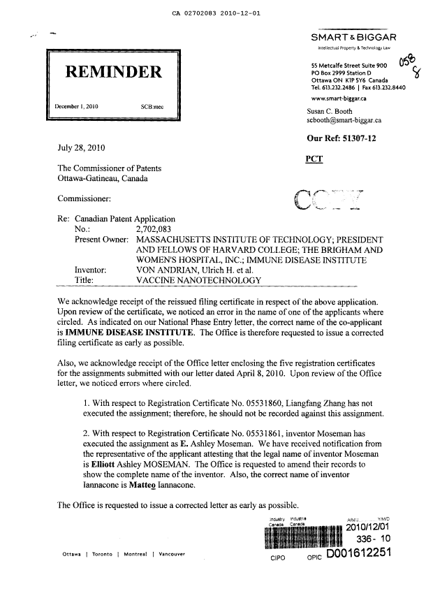 Document de brevet canadien 2702083. Correspondance 20091201. Image 1 de 2