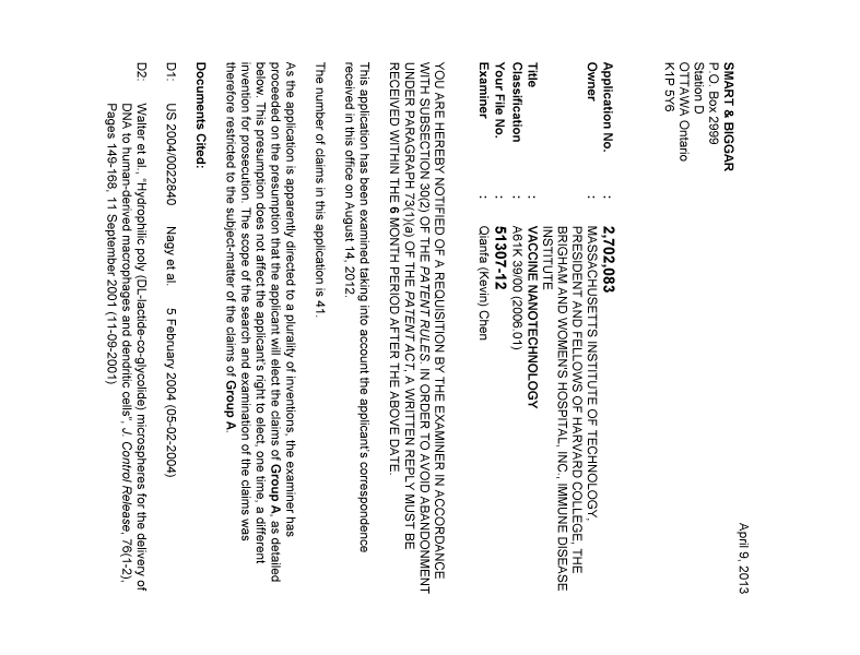 Document de brevet canadien 2702083. Poursuite-Amendment 20121209. Image 1 de 4