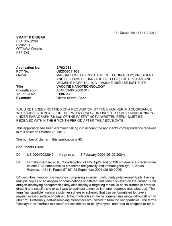 Document de brevet canadien 2702083. Poursuite-Amendment 20131231. Image 1 de 3