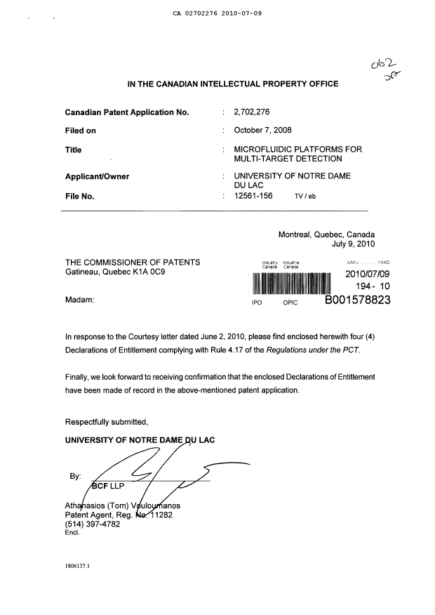 Document de brevet canadien 2702276. Correspondance 20091209. Image 1 de 5