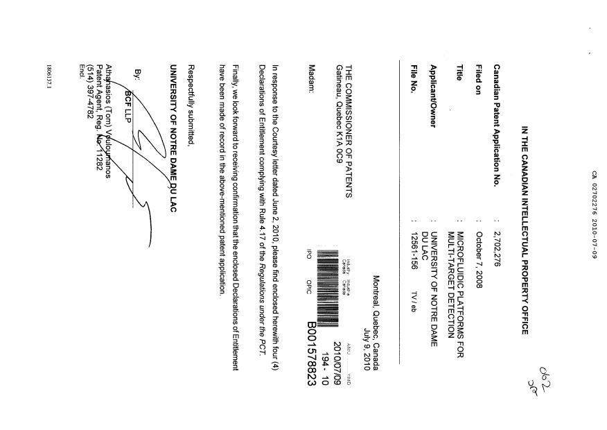 Document de brevet canadien 2702276. Correspondance 20091209. Image 1 de 5