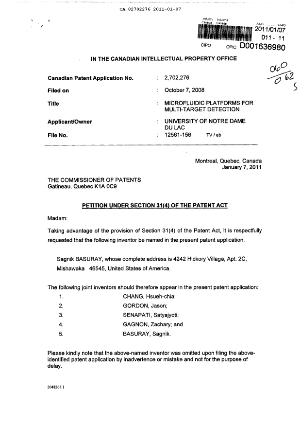 Document de brevet canadien 2702276. Correspondance 20101207. Image 1 de 23