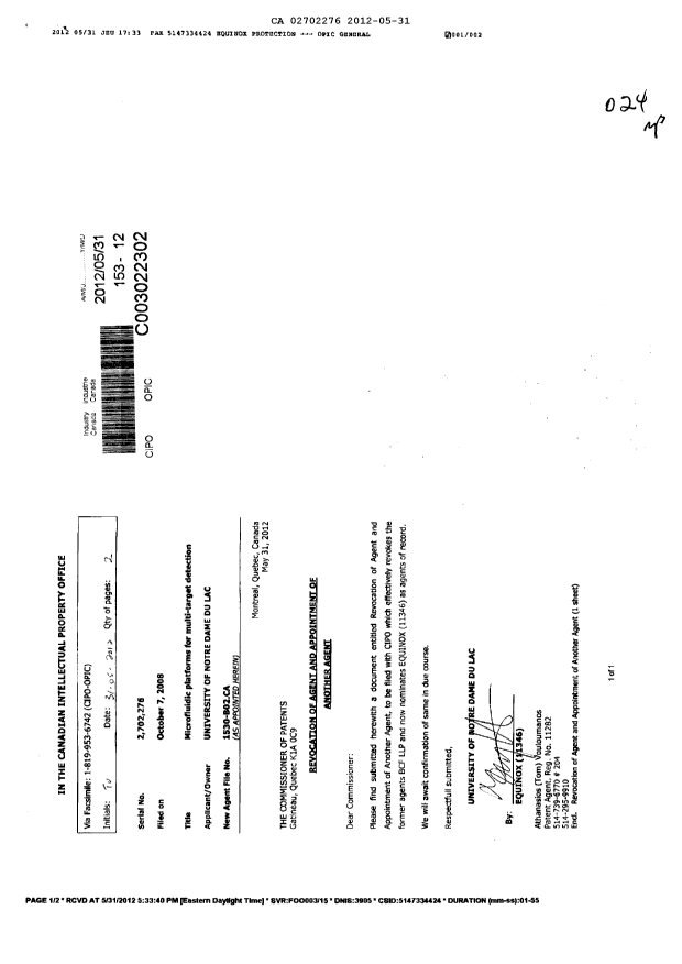 Document de brevet canadien 2702276. Correspondance 20111231. Image 1 de 2
