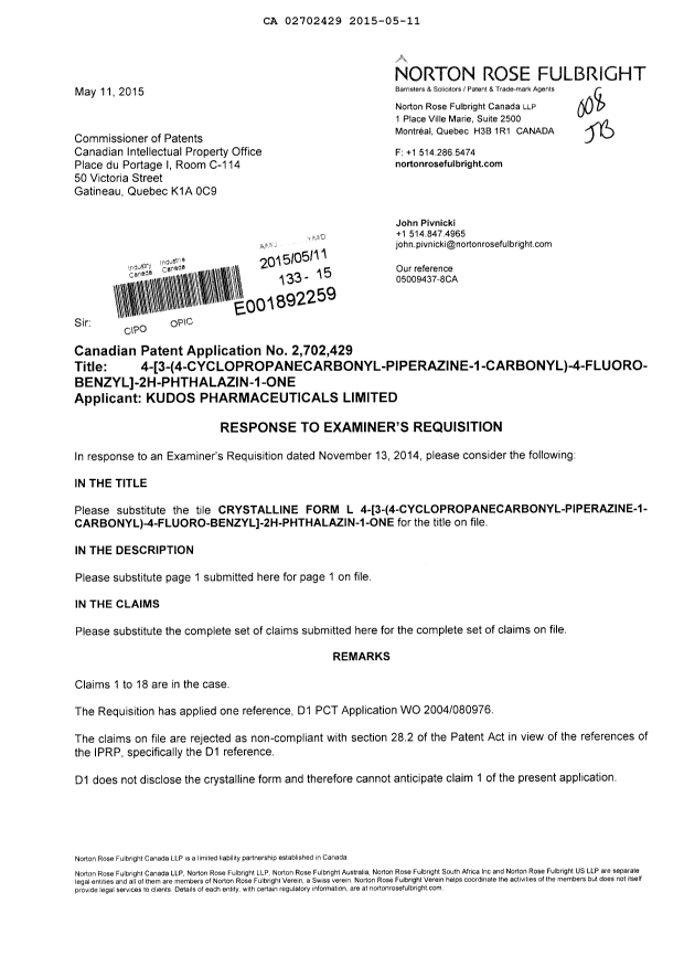 Document de brevet canadien 2702429. Poursuite-Amendment 20141211. Image 1 de 7