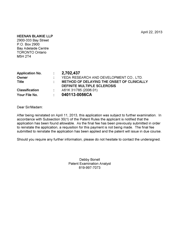 Canadian Patent Document 2702437. Correspondence 20121222. Image 1 of 1