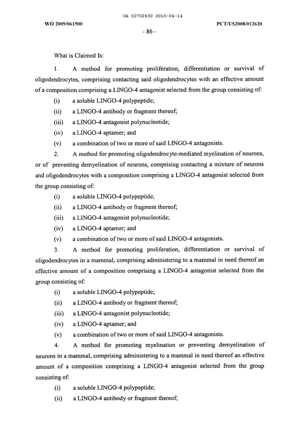Document de brevet canadien 2702630. Revendications 20091214. Image 1 de 8