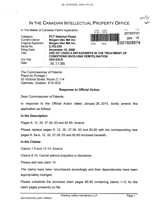 Document de brevet canadien 2702630. Poursuite-Amendment 20141221. Image 1 de 37
