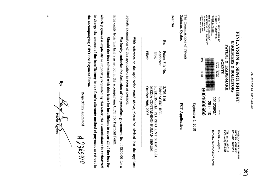 Canadian Patent Document 2703116. Prosecution-Amendment 20091207. Image 1 of 1