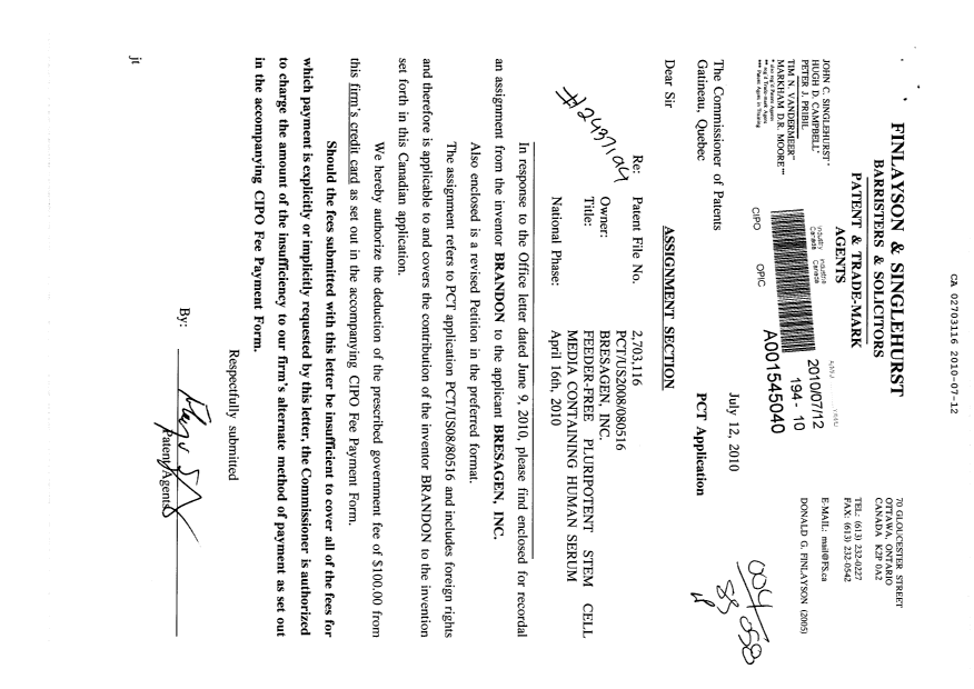Document de brevet canadien 2703116. Correspondance 20091212. Image 1 de 3