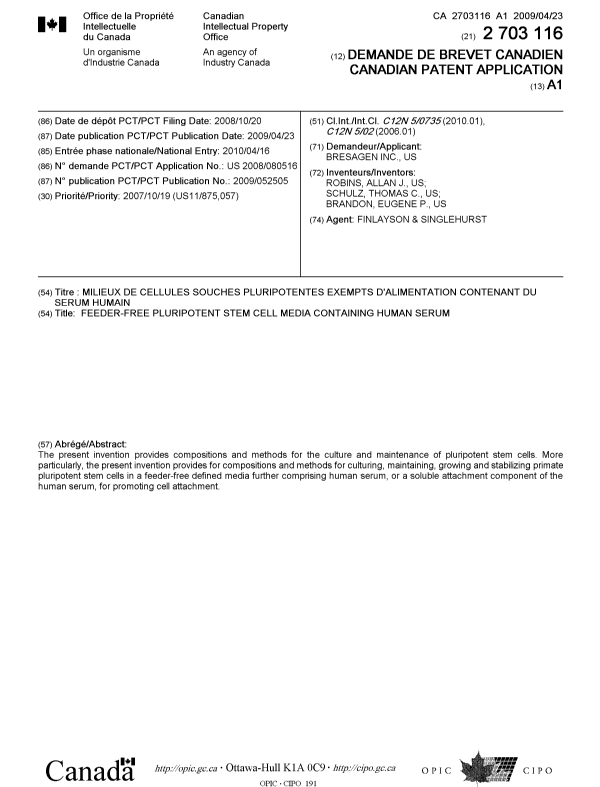 Document de brevet canadien 2703116. Page couverture 20091218. Image 1 de 1