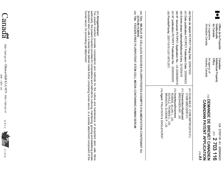 Document de brevet canadien 2703116. Page couverture 20091218. Image 1 de 1