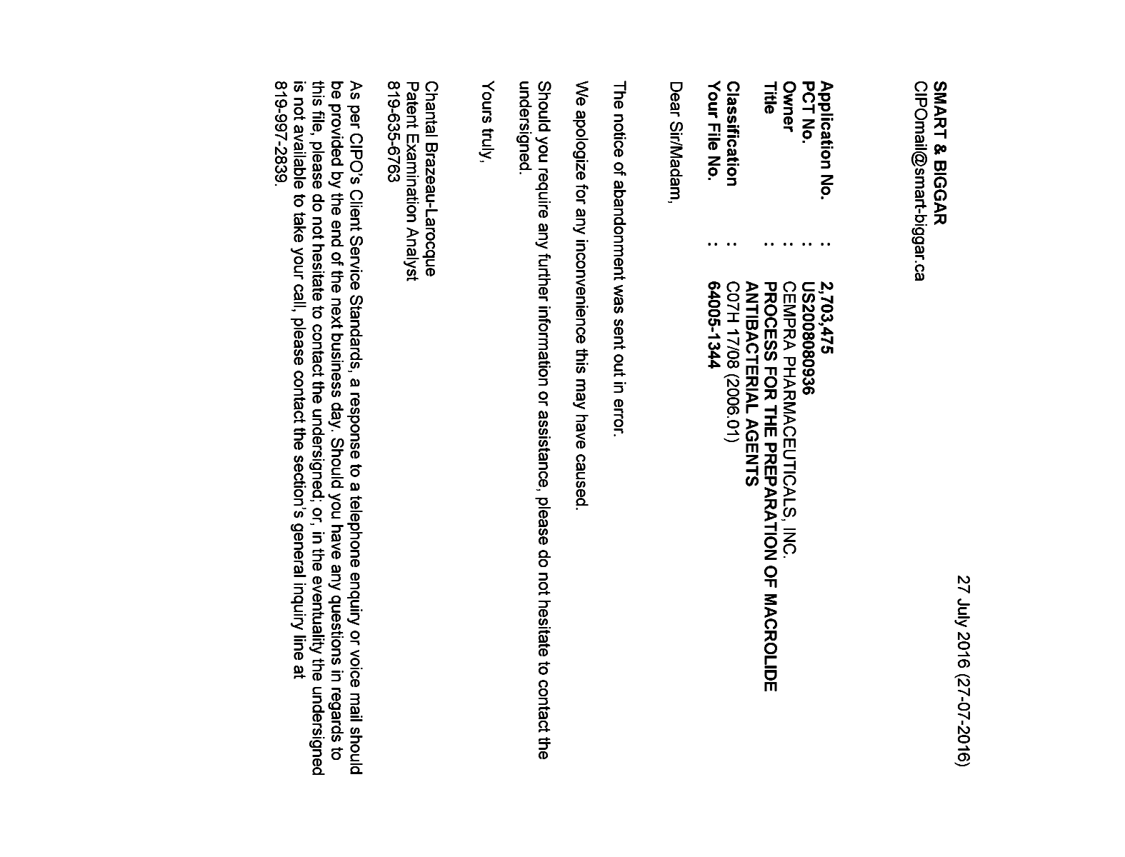Document de brevet canadien 2703475. Correspondance 20151227. Image 1 de 1
