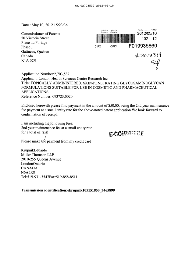 Document de brevet canadien 2703532. Taxes 20111210. Image 1 de 1