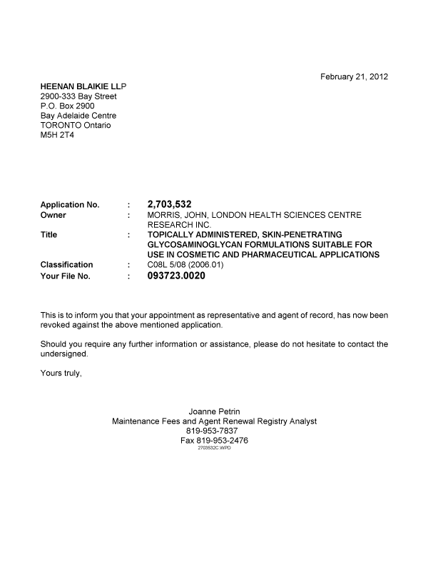 Document de brevet canadien 2703532. Correspondance 20111221. Image 1 de 1