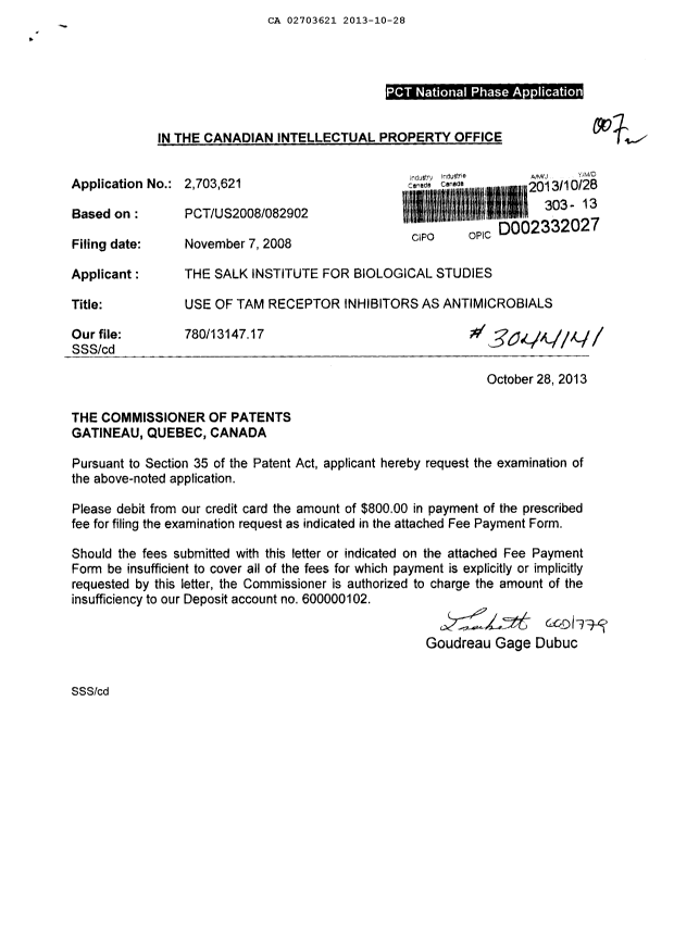 Document de brevet canadien 2703621. Poursuite-Amendment 20121228. Image 1 de 1