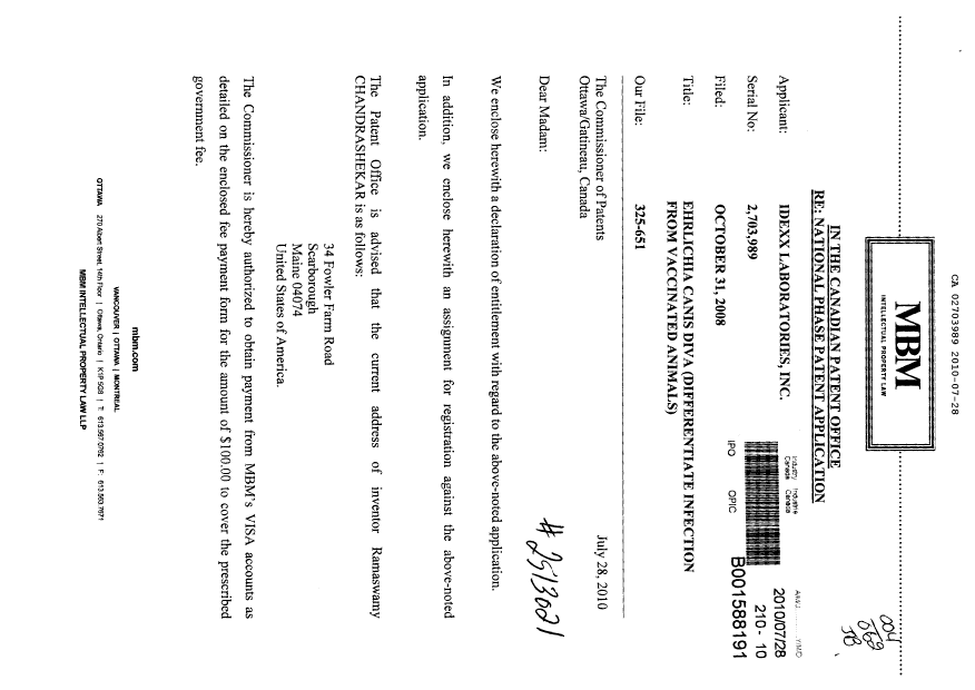 Document de brevet canadien 2703989. Correspondance 20100728. Image 1 de 4